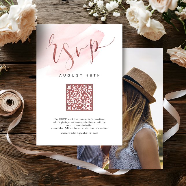 Rose Gold Blush Modernes Skript Hochzeit QR-Code RSVP Karte (Rose Gold Blush Modern Script wedding QR code RSVP Card)