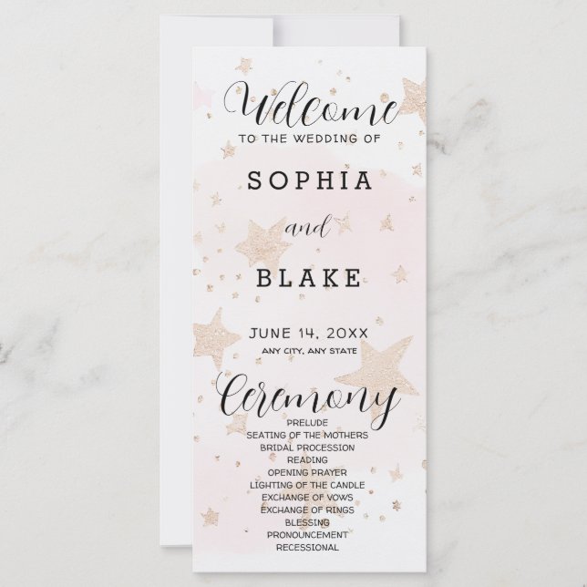 Rose Gold, Blush & Off White Stars Hochzeitsprogra (Vorderseite)