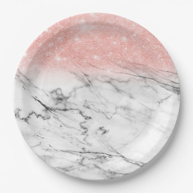 Rose Gold Blush Ombre Glitzer auf Trendy Marble Pappteller (Vorderseite)