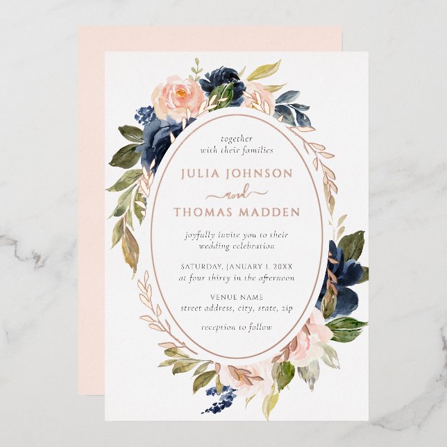 Rose Gold Blush Peach Navy Blumenhochzeit Folieneinladung (Vorderseite/Rückseite)