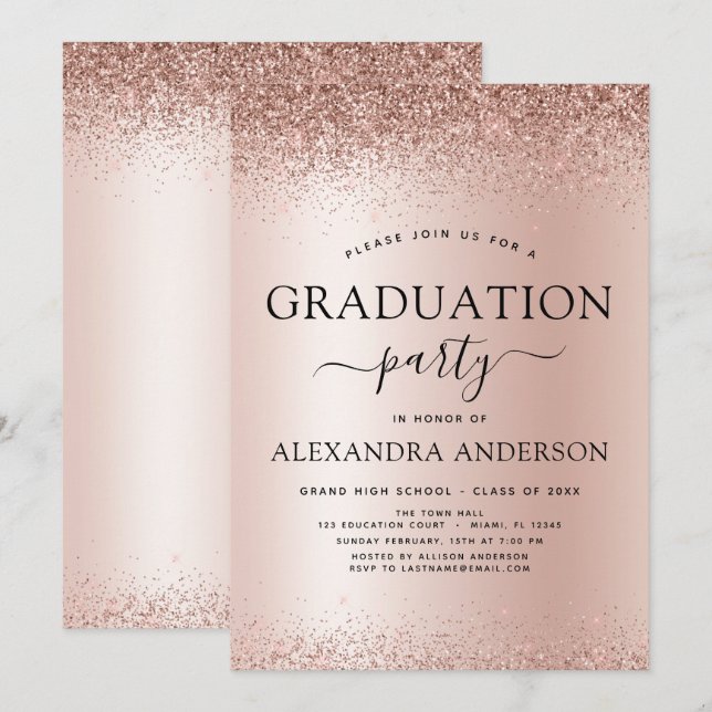 Rose Gold Blush Pink 2023 Graduation Party Glitzer Einladung (Vorne/Hinten)