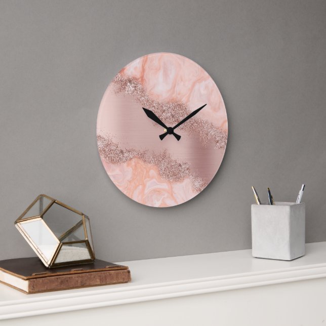 Rose Gold Blush Pink Agate Geode Glitzer Große Wanduhr (Büro)
