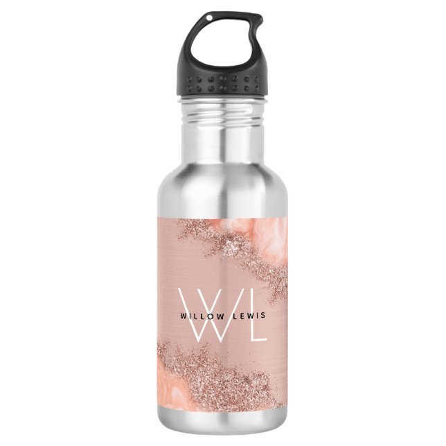 Rose Gold Blush Pink Agate Geode Glitzer Monogram Edelstahlflasche (Vorderseite)
