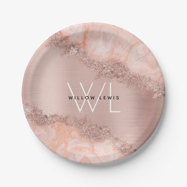 Rose Gold Blush Pink Agate Geode Glitzer Monogram Pappteller (Vorderseite)