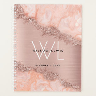 Rose Gold Blush Pink Agate Geode Glitzer Monogram Planer