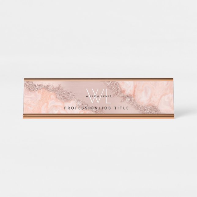 Rose Gold Blush Pink Agate Geode Glitzer Monogram Schreibtischnamensplakette (Vorderseite )
