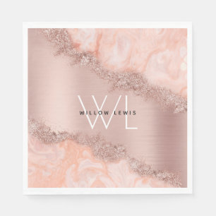 Rose Gold Blush Pink Agate Geode Glitzer Monogram Serviette
