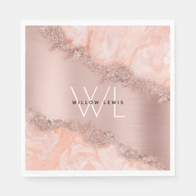 Rose Gold Blush Pink Agate Geode Glitzer Monogram Serviette (Vorderseite)