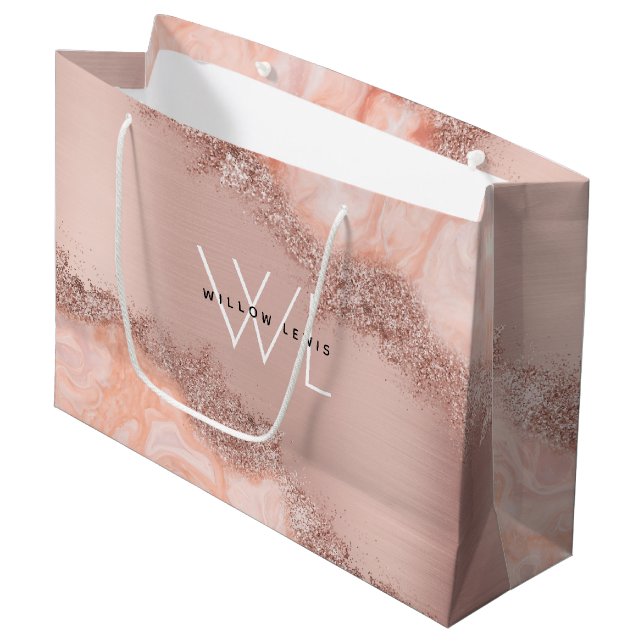 Rose Gold Blush Pink Agate Geode Glitzer Monogramm Große Geschenktüte (Vorderseite Schrägansicht)