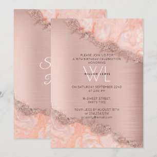 Rose Gold Blush Pink Agate Geode Glitzer Sweet 16 Einladung