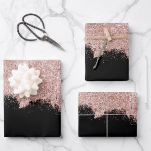 Rose Gold Blush Pink Black Girl Glitzer Staub Geschenkpapier Set