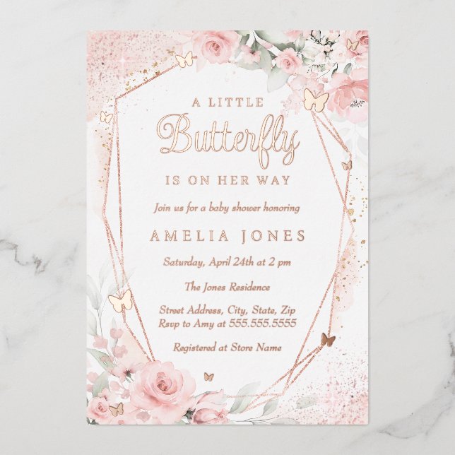Rose Gold Blush Pink Butterfly Bläsernchen Baby Du Folieneinladung (Vorderseite)