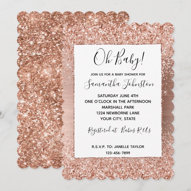 Rose Gold Blush Pink Glam Glitzer Einladung (Vorne/Hinten)