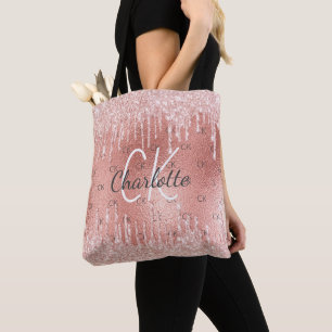 Rose gold blush pink glitter drips monogram glam tasche