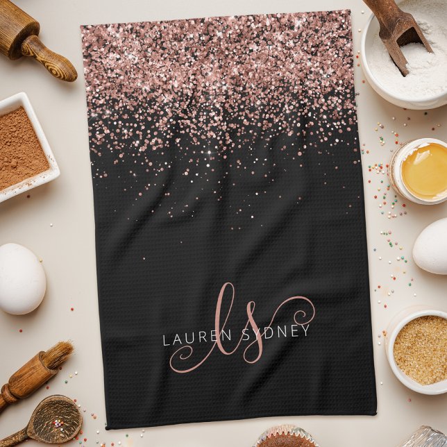 Rose Gold Blush Pink Glitzer Glam Monogram Name Geschirrtuch (Von Creator hochgeladen)