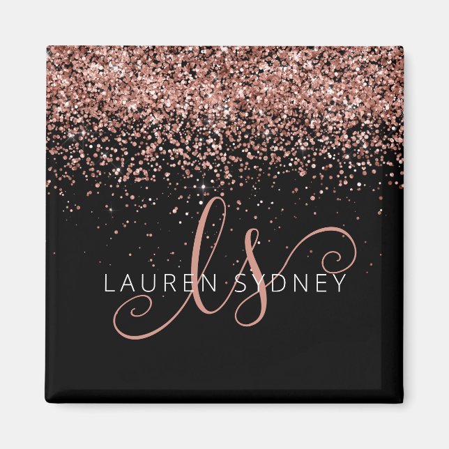 Rose Gold Blush Pink Glitzer Glam Monogram Name Magnet (Vorne)