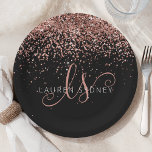 Rose Gold Blush Pink Glitzer Glam Monogram Name Pappteller<br><div class="desc">Glam Rose Gold Glitter Elegant Monogram Paper Plate. Easily personalize this trendy chic paper plate design featuring elegant rose gold sparkling glitter on a black background. The design feys your handwritten script monogram with pretty swirls and your name.</div>