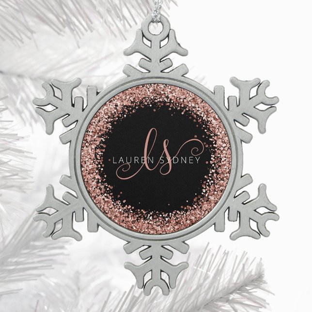 Rose Gold Blush Pink Glitzer Glam Monogram Name Schneeflocken Zinn-Ornament (Von Creator hochgeladen)