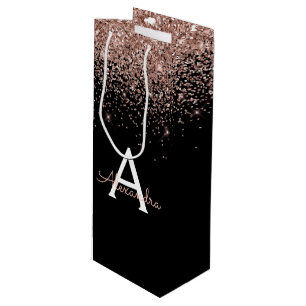 Rose Gold - Blush Pink Glitzer Luxus Monogramm Geschenktüte Für Weinflaschen