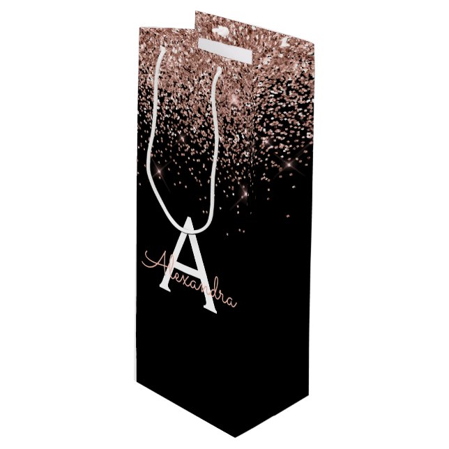Rose Gold - Blush Pink Glitzer Luxus Monogramm Geschenktüte Für Weinflaschen (Vorderseite Schrägansicht)
