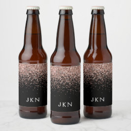 Rose Gold Blush Pink Glitzer Monogram Initialen Bierflaschenetikett
