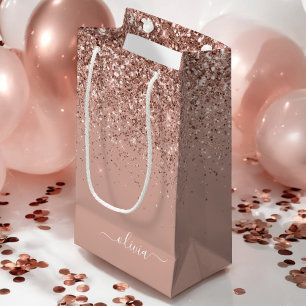 Rose Gold Blush Pink Glitzer Script Monogram Girl Kleine Geschenktüte