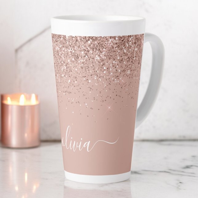 Rose Gold Blush Pink Glitzer Script Monogram Girl Milchtasse (Von Creator hochgeladen)