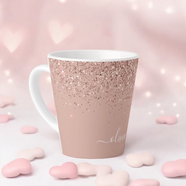 Rose Gold Blush Pink Glitzer Script Monogram Girl Milchtasse (Von Creator hochgeladen)