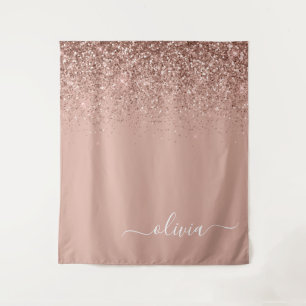 Rose Gold Blush Pink Glitzer Script Monogram Girl Wandteppich