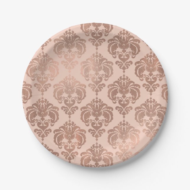 Rose Gold Blush Pink Modernes Glam Damask Pappteller (Vorderseite)