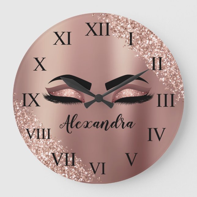 Rose Gold Blush Pink Monogram Glitter Eyelashes Große Wanduhr (Vorderseite)