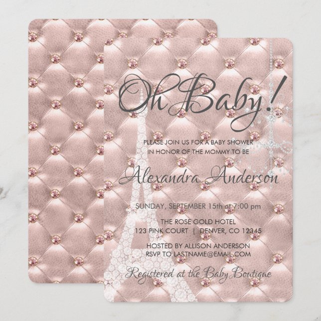 Rose Gold Blush Pink Paris Oh Baby Dusche Einladung (Vorne/Hinten)