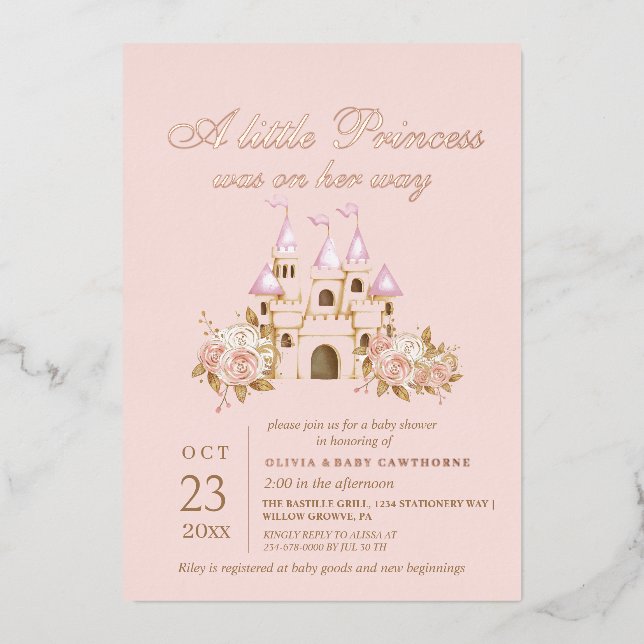 Rose Gold & Blush Pink Princess Baby Dusche Folieneinladung (Vorderseite)