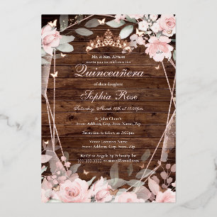 Rose Gold Blush Pink Rustikale Florale Quinceanera Folieneinladung