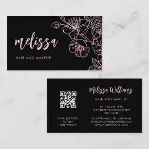 Rose Gold Blush Pink Schwarze Floral   QR Code Ges Visitenkarte