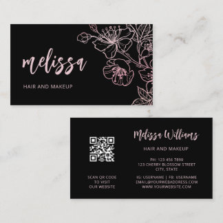 Rose Gold Blush Pink Schwarze Floral | QR Code Ges Visitenkarte