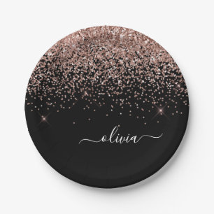 Rose Gold - Blush Pink Schwarzes Glitter Monogramm Pappteller