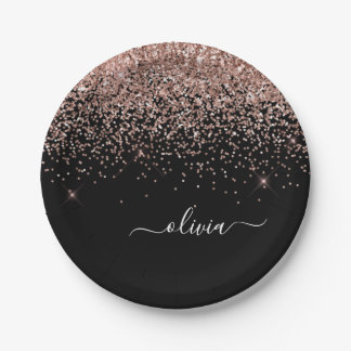 Rose Gold - Blush Pink Schwarzes Glitter Monogramm Pappteller