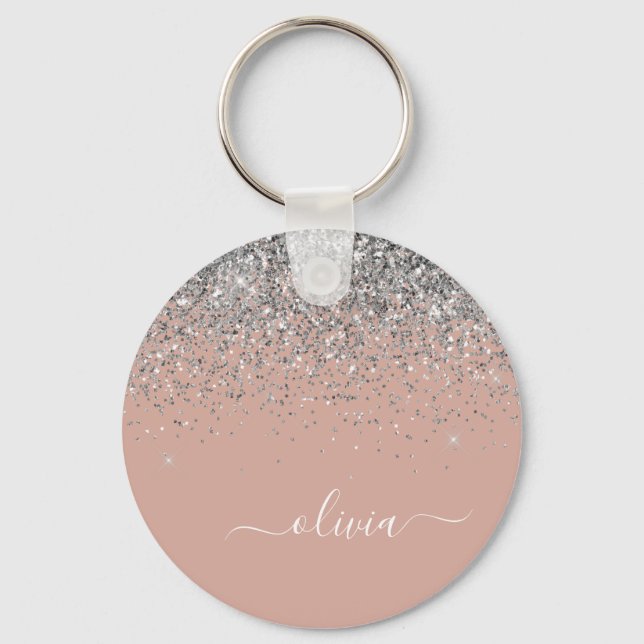 Rose Gold Blush Pink Silber Glitzer Monogramm Schlüsselanhänger (Vorderseite)
