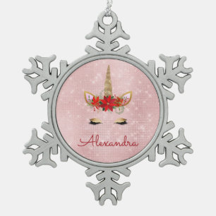 Rose Gold - Blush Pink Weihnachten Einhorn Monogra Schneeflocken Zinn-Ornament