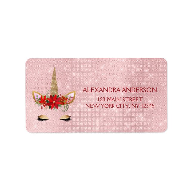 Rose Gold - Blush Pink Weihnachts Einhorn Adressaufkleber (Vorne)