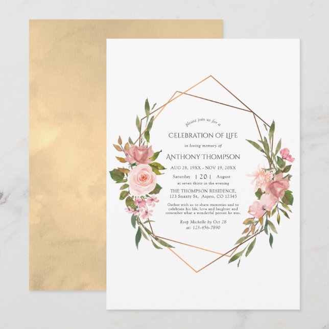 Rose Gold & Blush Rosa Blumenfeier Einladung (Vorne/Hinten)