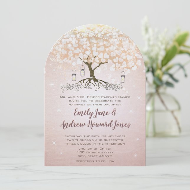 Rose Gold Blush Rosa Herzklopfen Hochzeit einladen Einladung (Stehend Vorderseite)