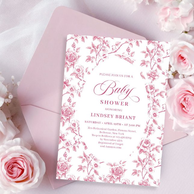 Rose Gold Blush Toile Roses Floral Baby Shower   Einladung (Rose Gold Blush Toile Roses Floral Baby Shower Invite)