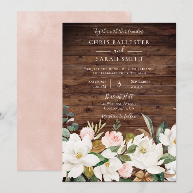 Rose Gold Blush White Rustic Floral Wedding Einladung (Vorne/Hinten)