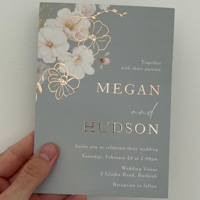 Rose Gold & Blush Wildblumen Hochzeit Dusty Blue Folieneinladung (Von Creator hochgeladen)