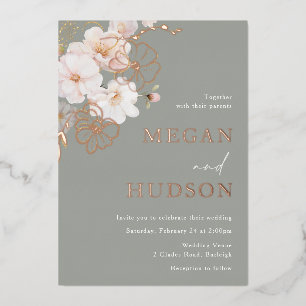Rose Gold & Blush Wildblumen Hochzeitsfeier Grün Folieneinladung