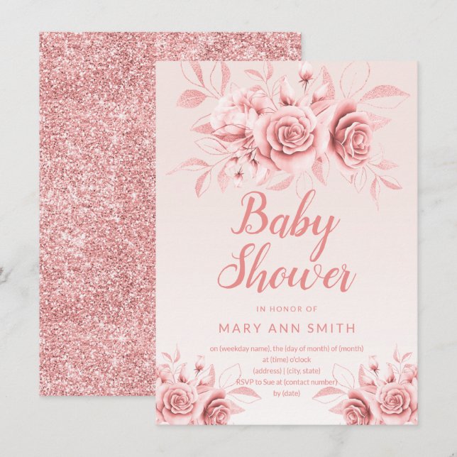 Rose Gold Blütendusche Glitzer Baby Dusche Einladung (Vorne/Hinten)