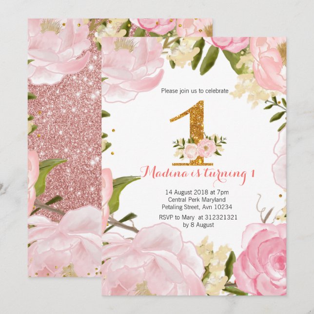 Rose Gold Blütenpink 1. Geburtstag Einladungen (Vorne/Hinten)