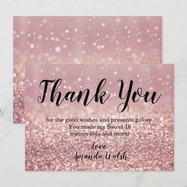 Rose Gold Bokeh Lights Sweet 16 Danke Notiz Einladung (Vorne/Hinten)